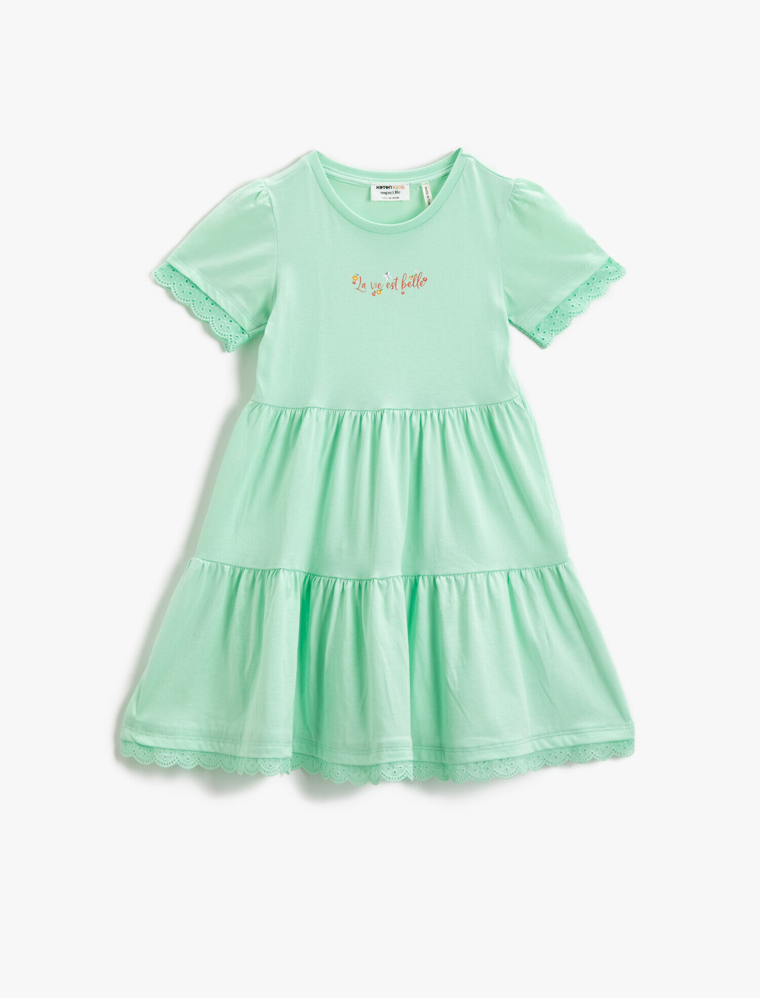  Kız Çocuk Slogan Baskılı Elbise Dantelli Pamuklu