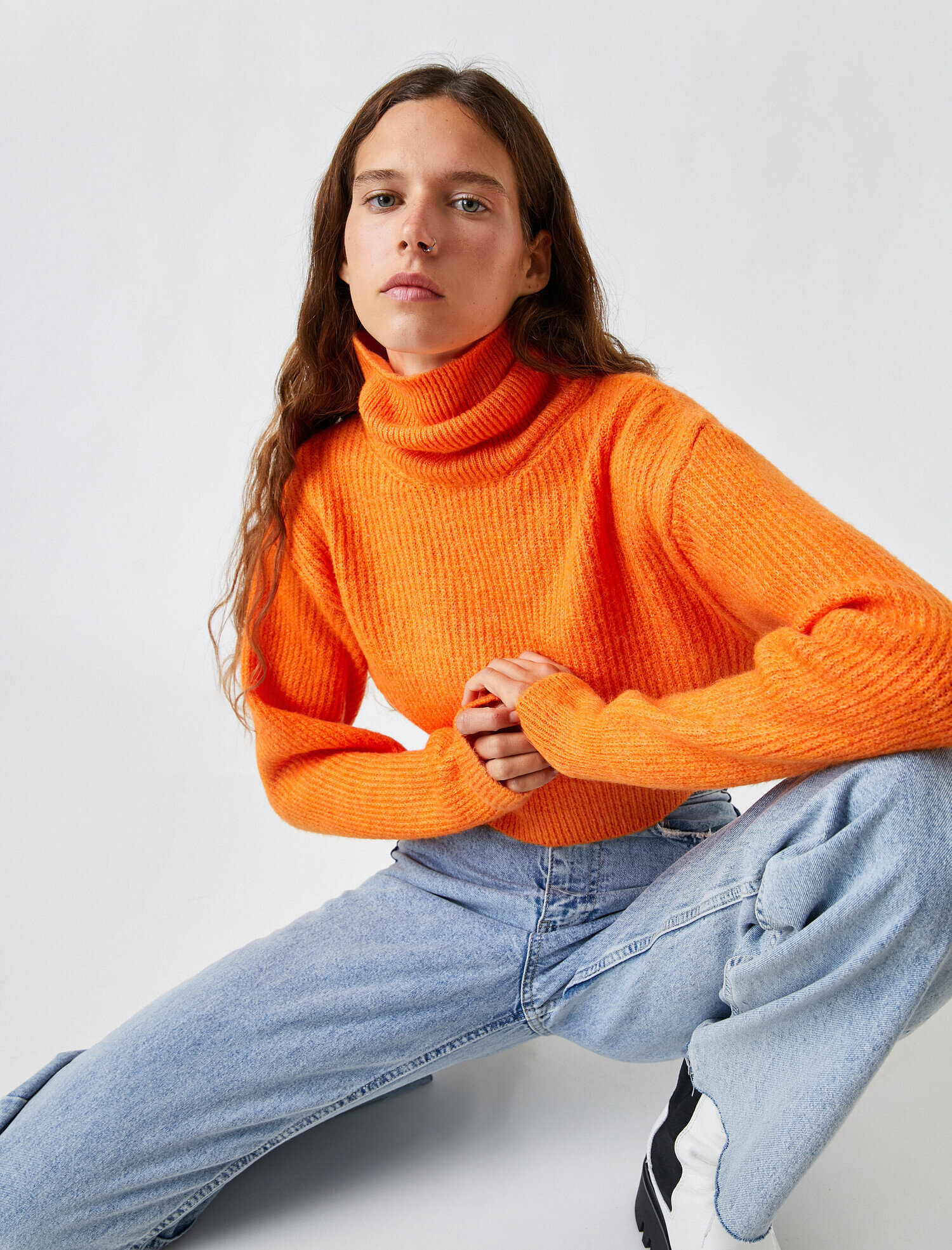   Crop Balıkçı Yaka Fitilli Triko Kazak