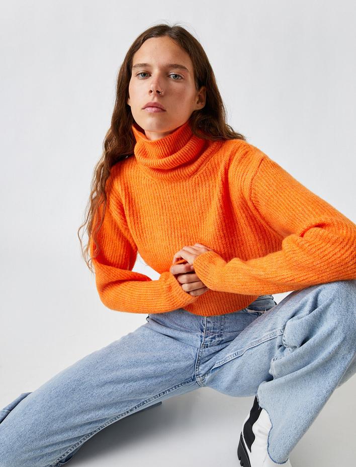  Crop Balıkçı Yaka Fitilli Triko Kazak