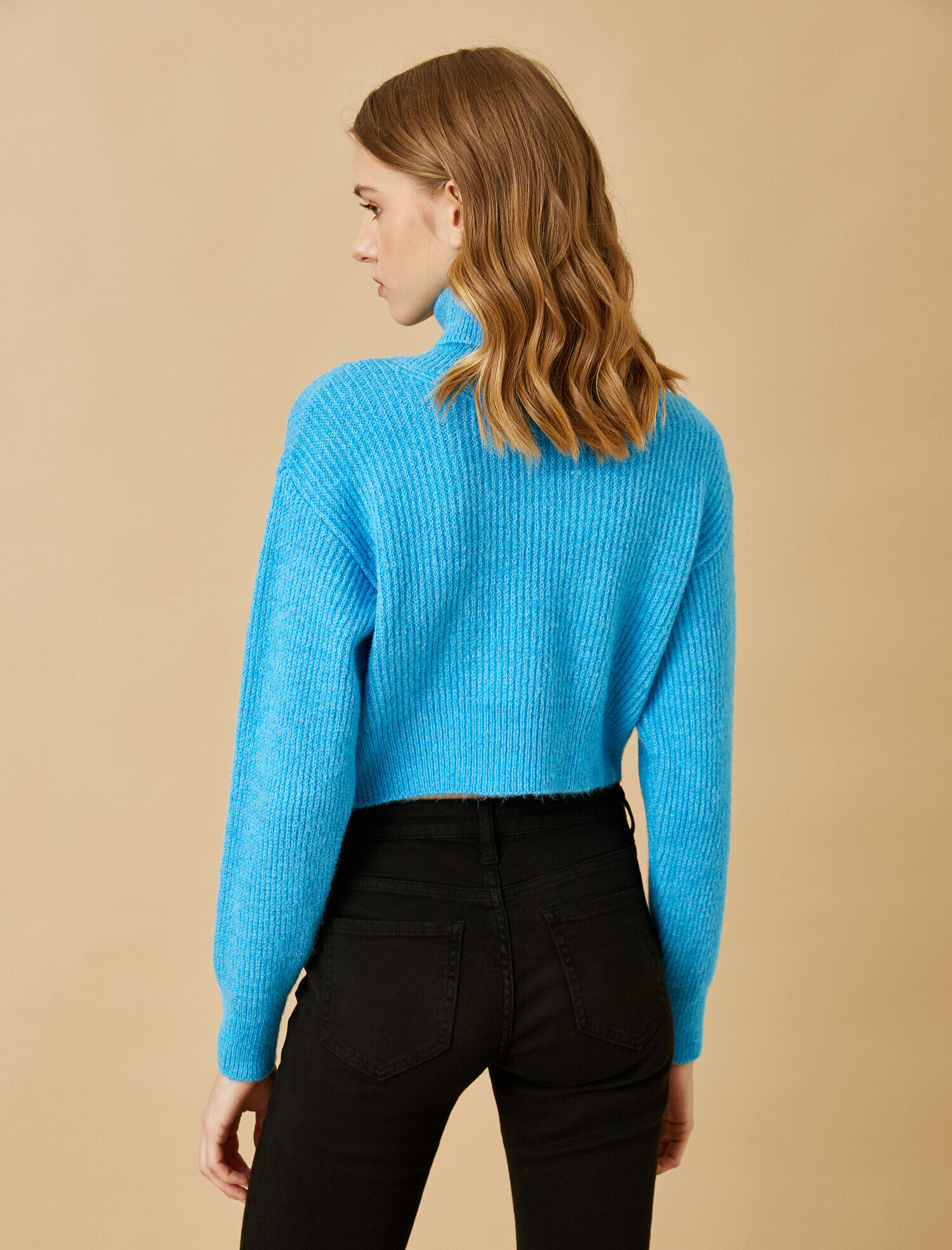   Crop Balıkçı Yaka Fitilli Triko Kazak