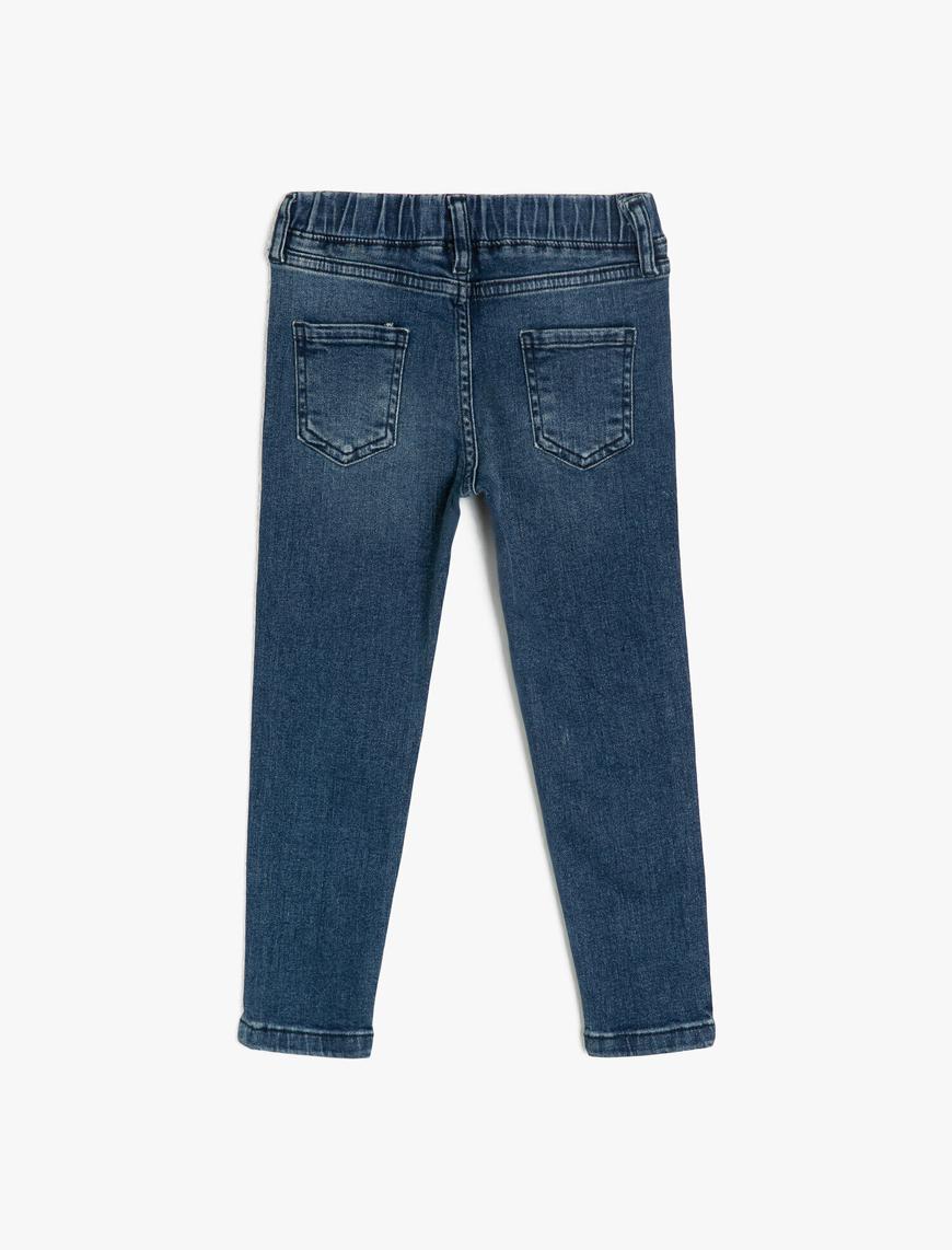  Kız Çocuk Kot Pantolon Beli Lastikli Cepli Parlak Taş İşlemeli - Slim Jean