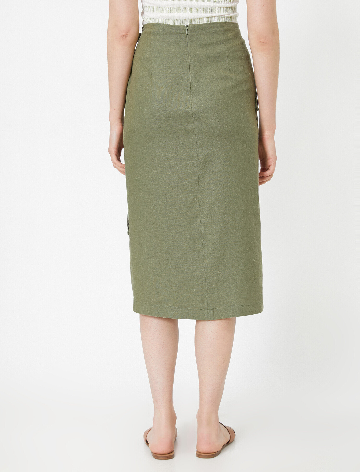   Beli Bağlamalı Yırtmaç Detaylı Midi Etek Keten Karışımlı