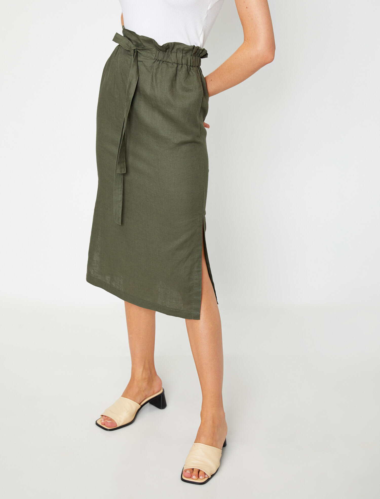   Beli Bağlamalı Yırtmaç Detaylı Midi Etek