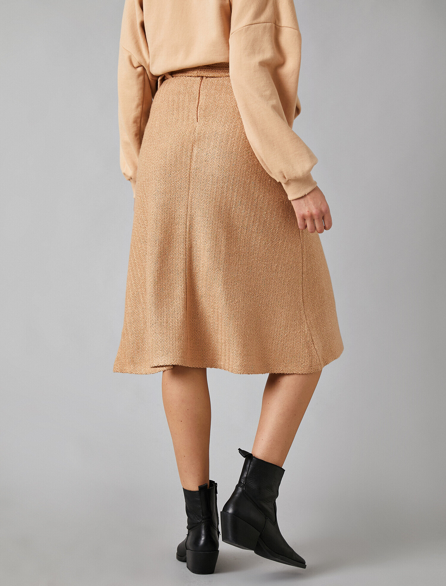   Yüksek Bel Kemerli A Kesim Midi Etek