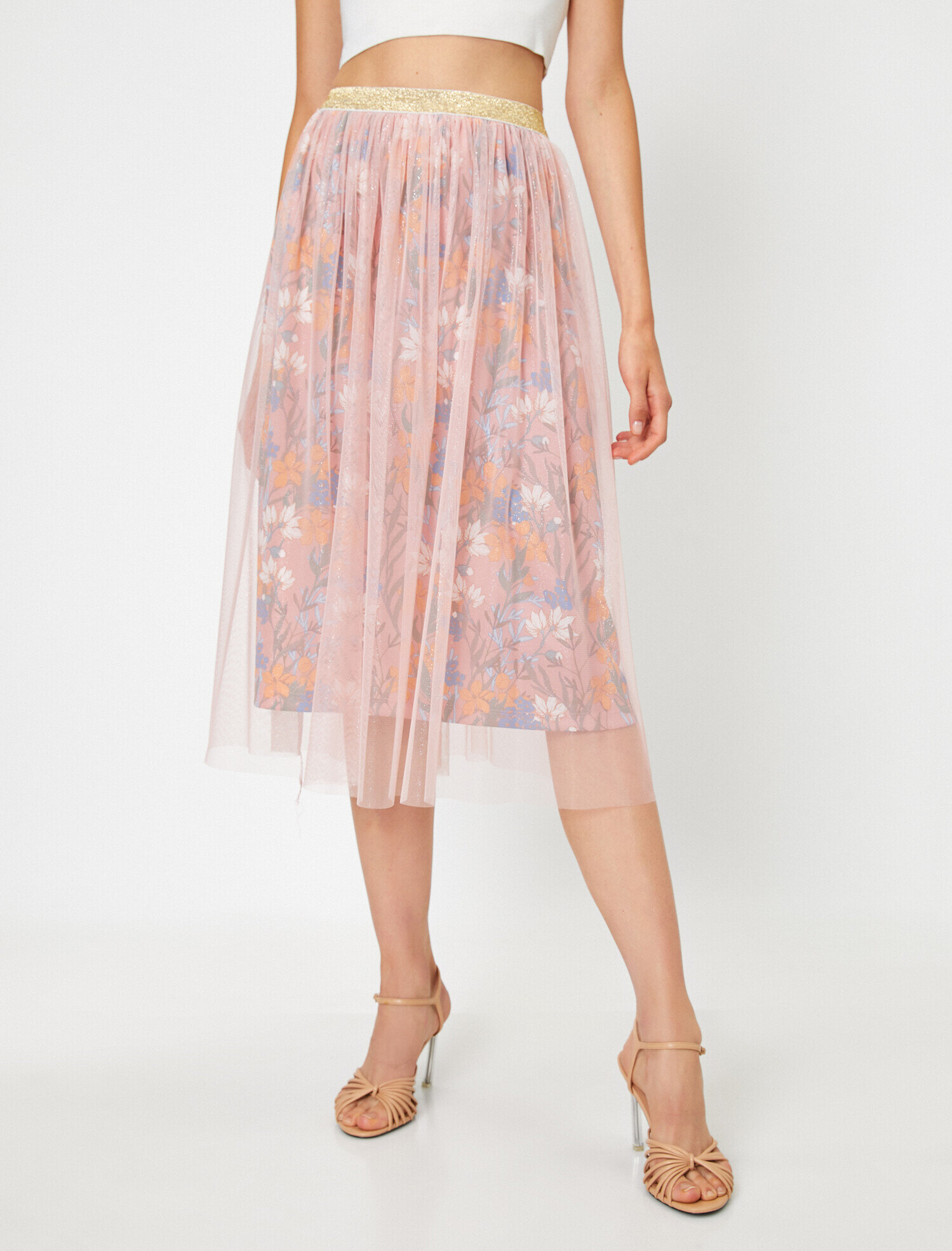 Çiçekli Tül Midi Etek