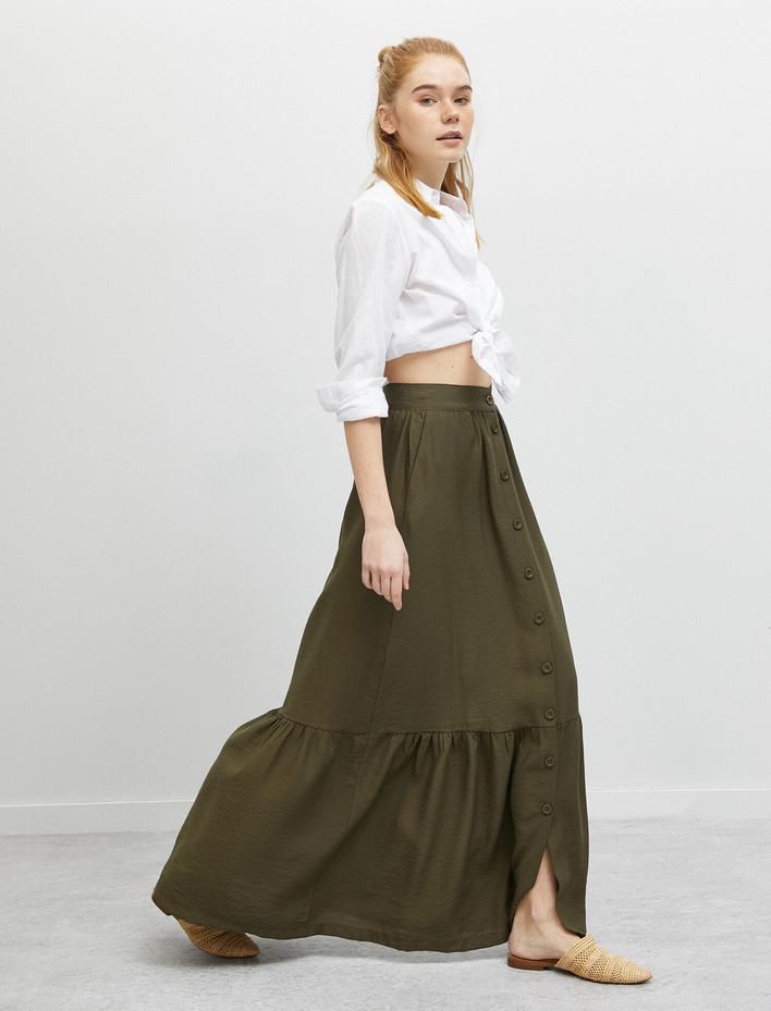  Normal Bel Düğme Detaylı Fırfır Detaylı Uzun Etek