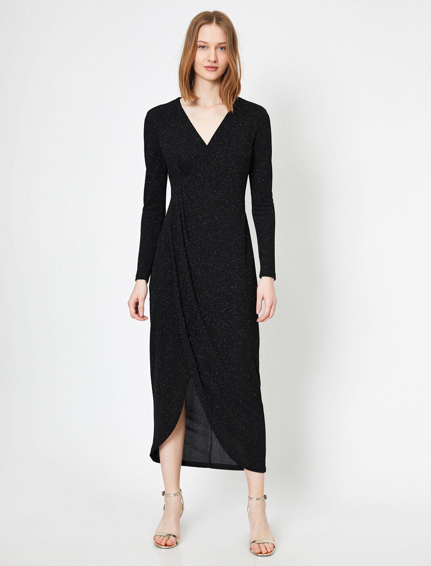   Yırtmaçlı Abiye Elbise Simli Anvelop Drape Detaylı Uzun Abiye