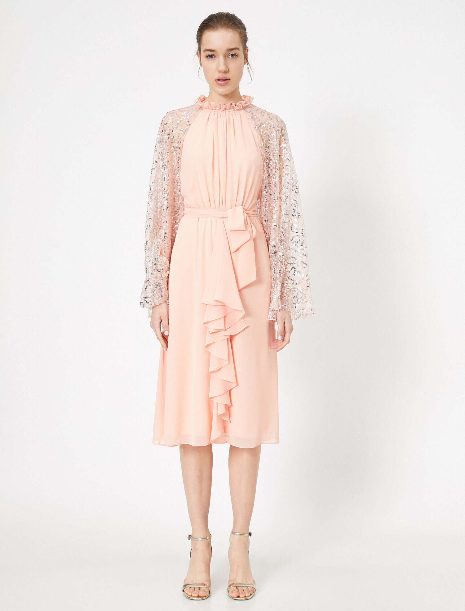   Yaka Detaylı Abiye Elbise Uzun Kollu Pul Detaylı Midi