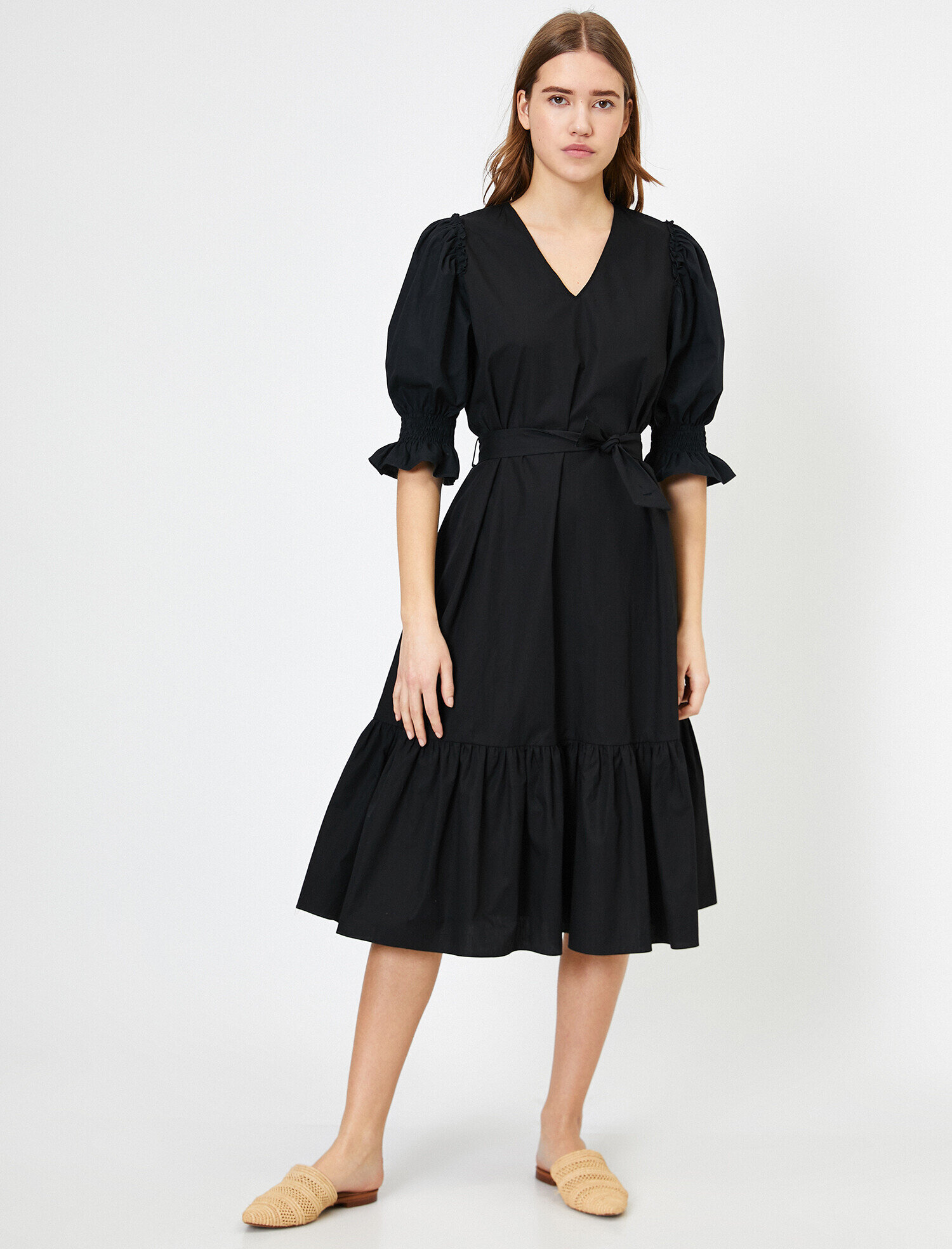   Balon Kollu Poplin Elbise