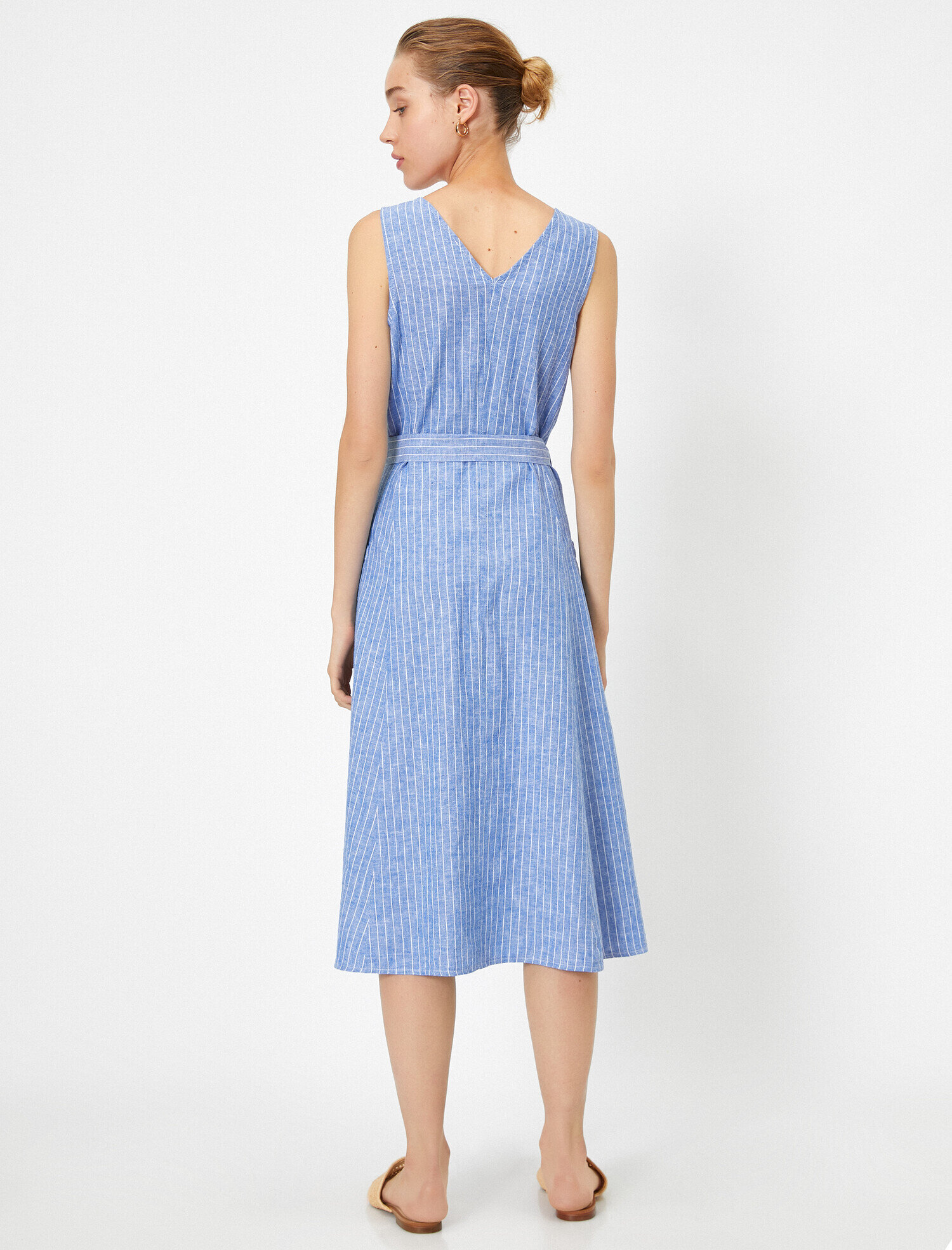   Kemerli Düğmeli Kısa Kollu Elbise Keten Karışımlı