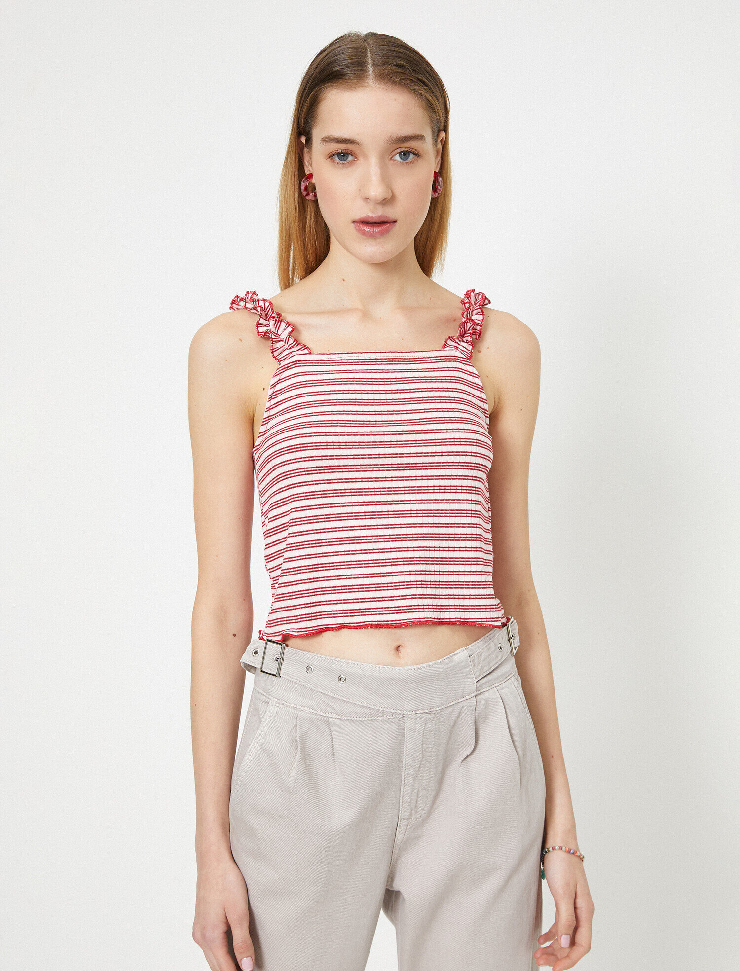   Askıları Fırfırlı Çizgili Crop Atlet