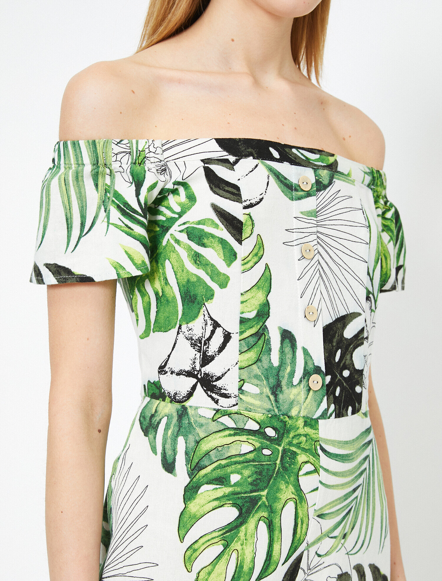   Çiçek Desenli Keten Karışımlı Omuz Dekolteli Tulum