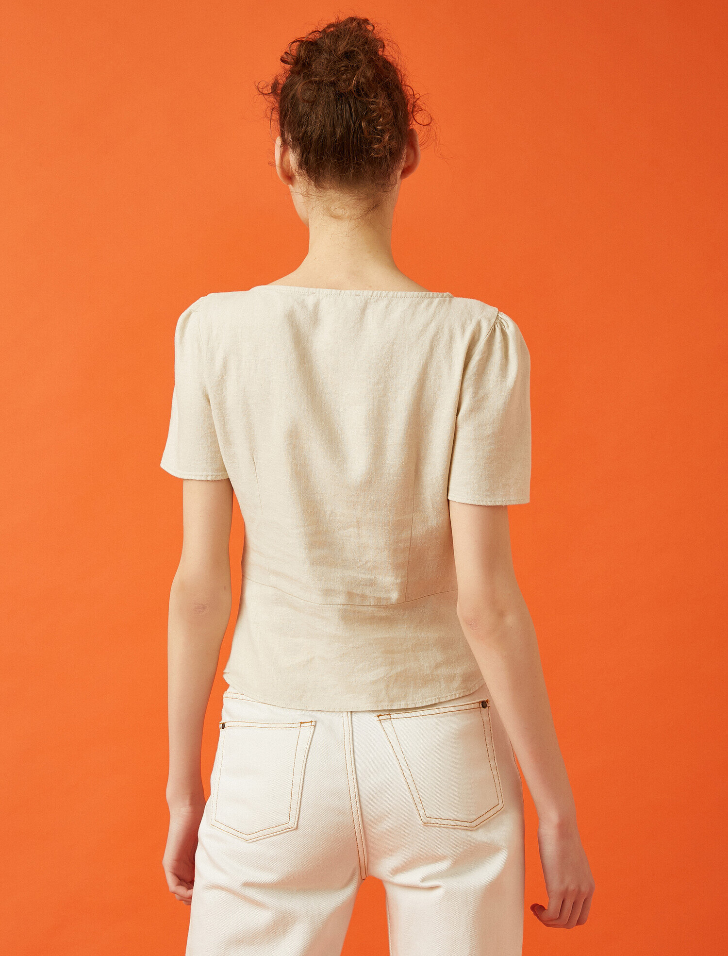   Düğmeli Bluz Keten Kısa Kollu