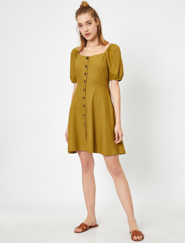  U Yaka Kısa Kollu Düğme Detaylı Midi Keten Elbise
