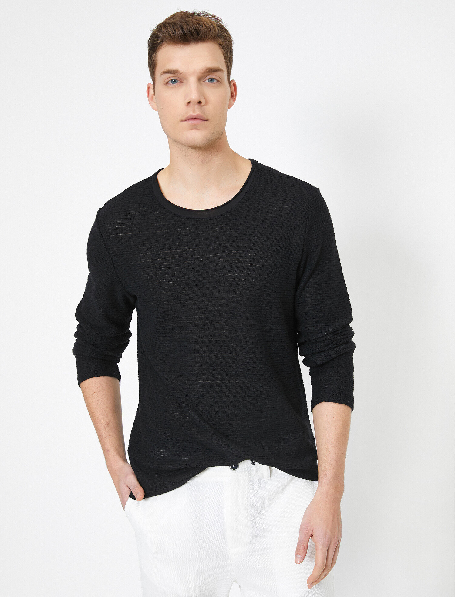 Bisiklet Yaka Dokulu Kumaş Mevsimlik Slim Fit Kazak