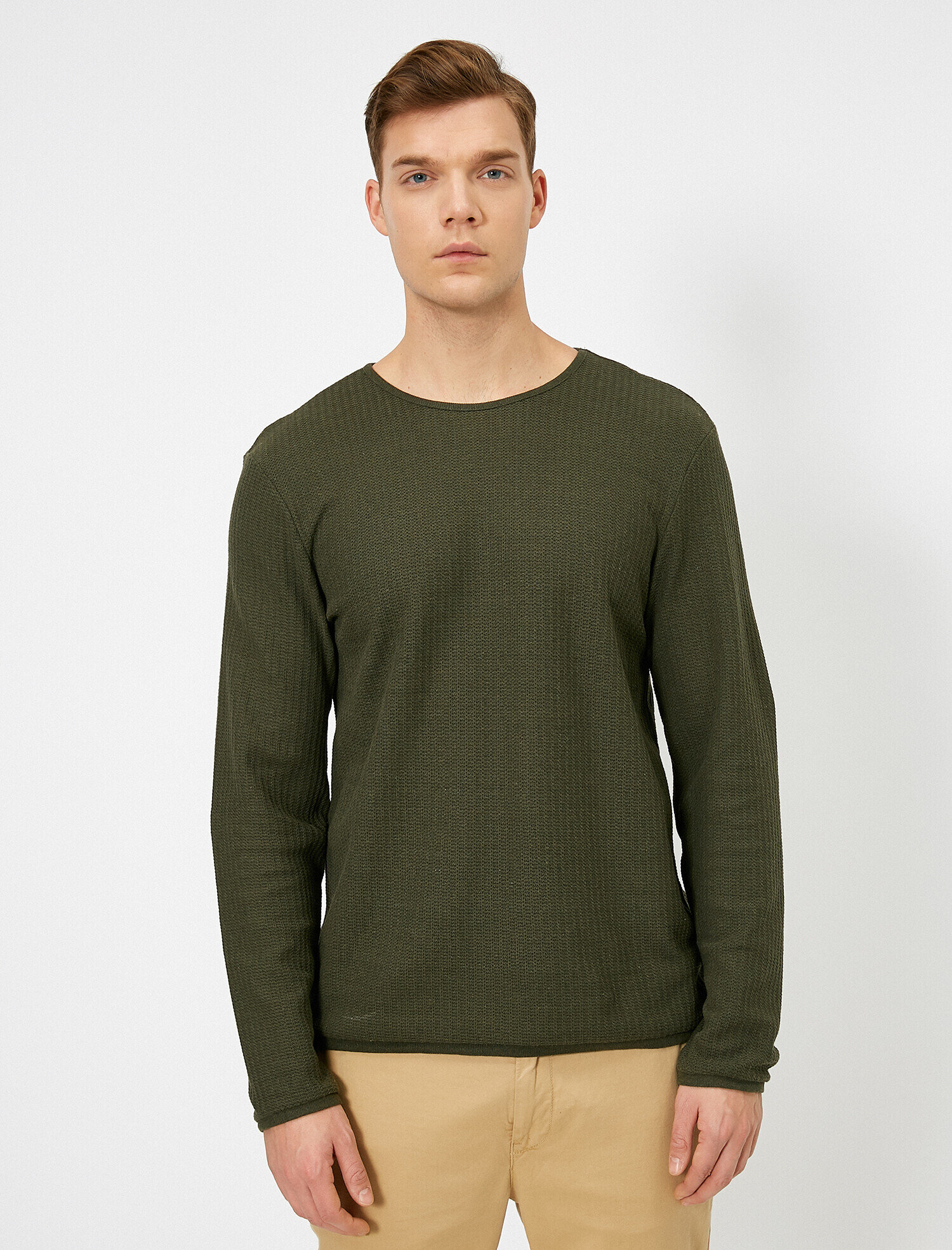   Basic Triko Kazak Bisiklet Yaka Dokulu Uzun Kolu