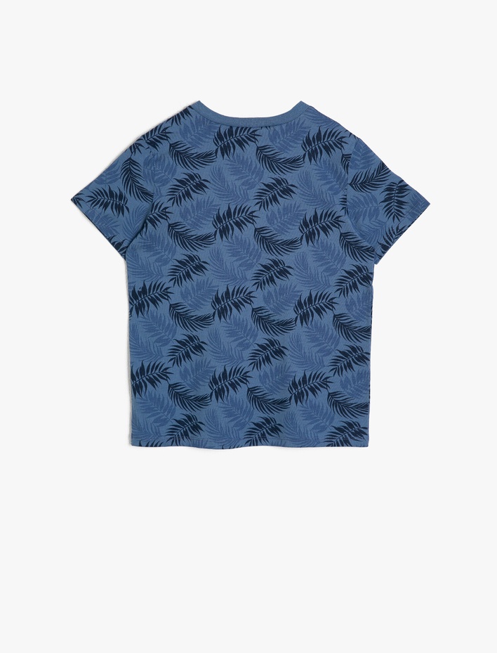 Erkek Çocuk Yaprak Desenli Pamuklu Kontrast Renk Slogan Baskılı Tişört