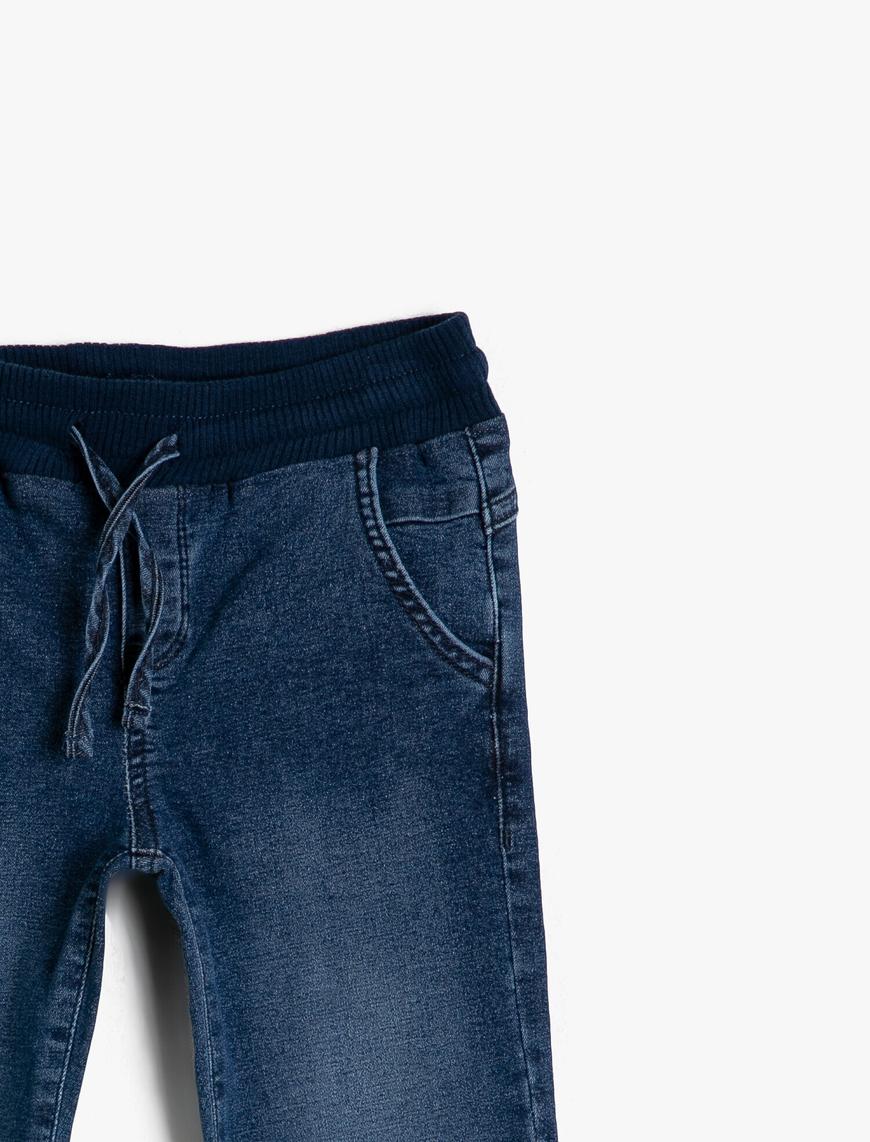  Erkek Çocuk Kot Pantolon Jogger Beli Bağlamalı Pamuklu Cepli - Jegging Jean