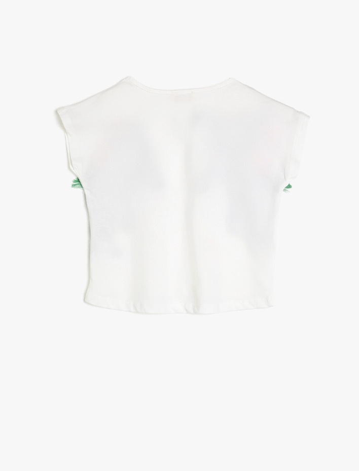 Kız Çocuk Bisiklet Yaka Kısa Kollu  Pamuklu Baskılı Püskül Detaylı Tişört