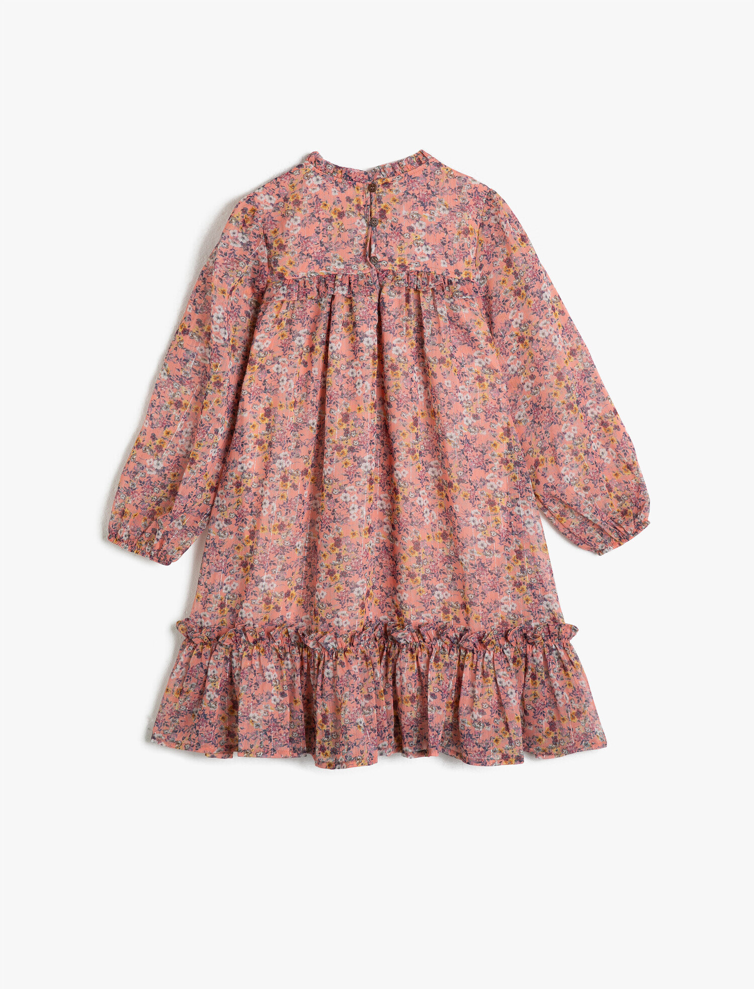  Kız Çocuk Çiçekli Simli Şifon Kumaştan Fırfırlı Uzun Kollu Orta Boy Elbise