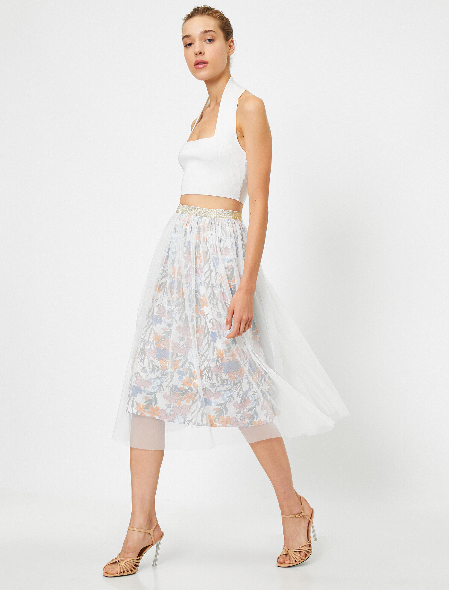   Çiçekli Tül Midi Etek