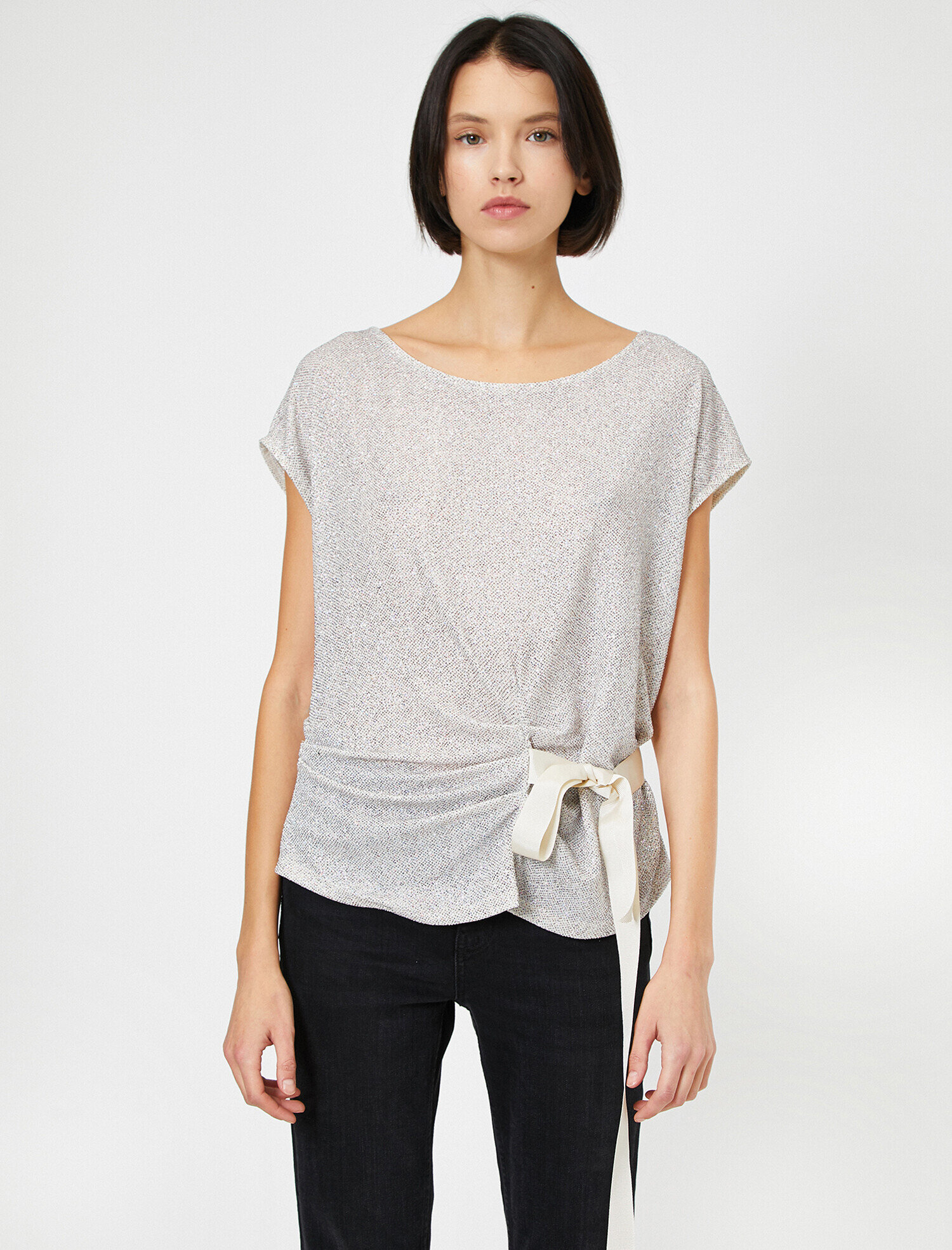   Abiye Bluz Bağcık Detaylı Simli Kısa Kollu