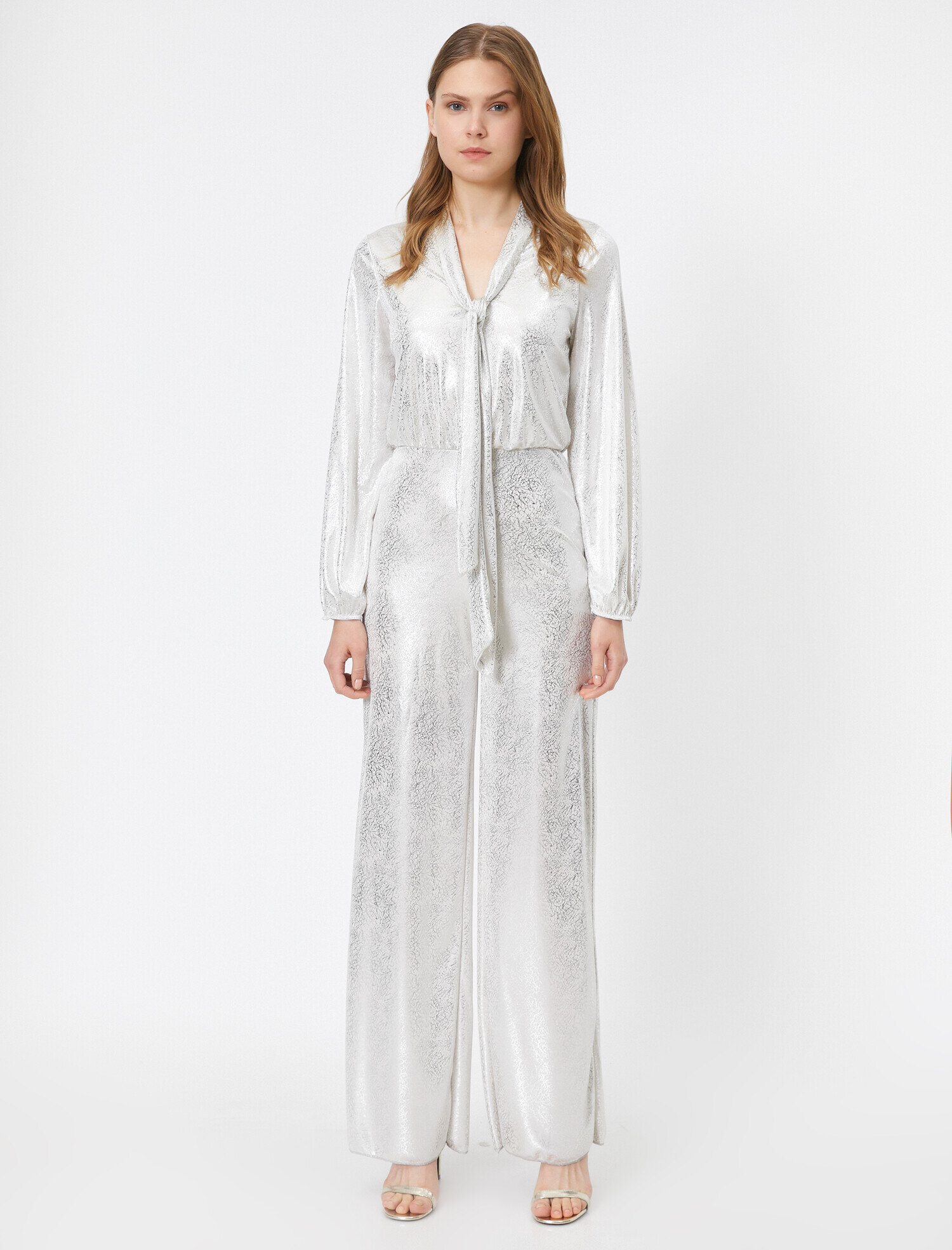 Pırıltılı Abiye Tulum Fular Yaka Uzun Kollu