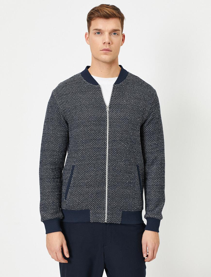   Bomber Yaka Fermuarlı Cep Detaylı Slim Fit Hırka