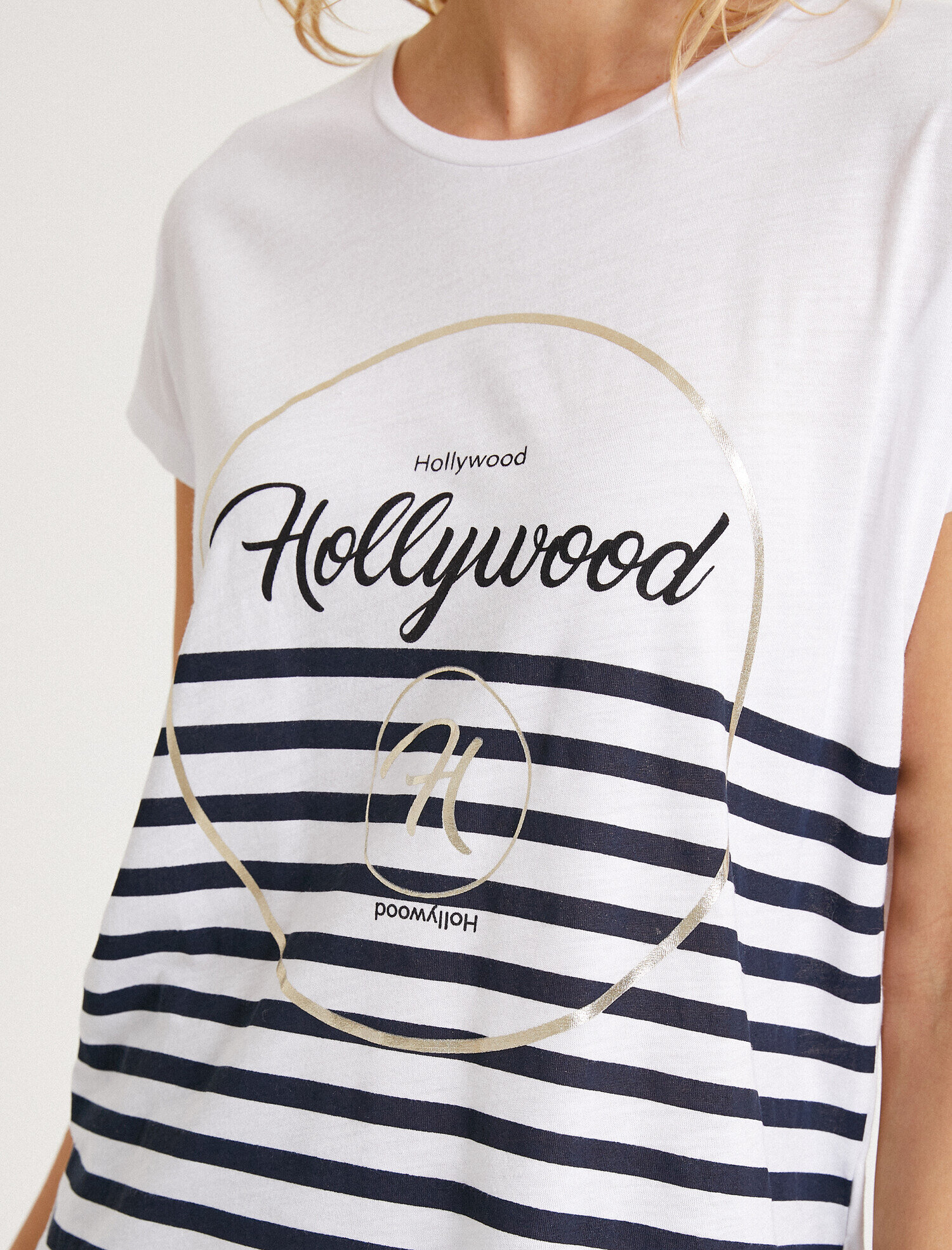   Bisiklet Yaka Yazılı Baskılı Çizgili Tişört