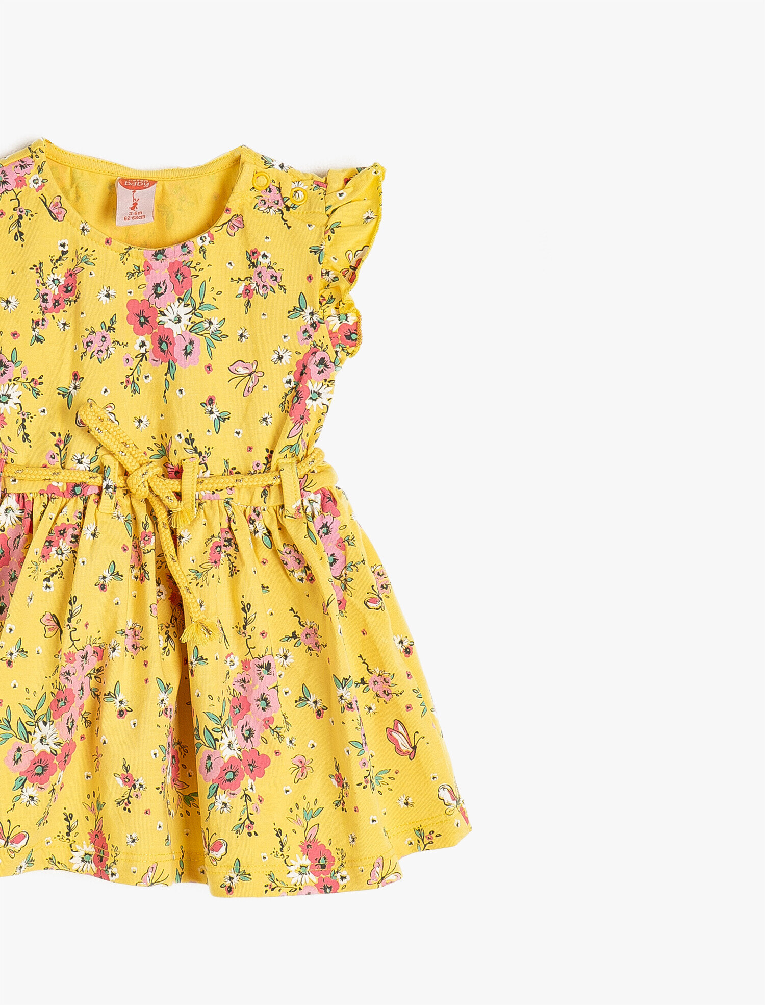  Kız Bebek Çiçek Desenli Bisiklet Yaka Kısa Kollu Beli Bağlamalı Elbise