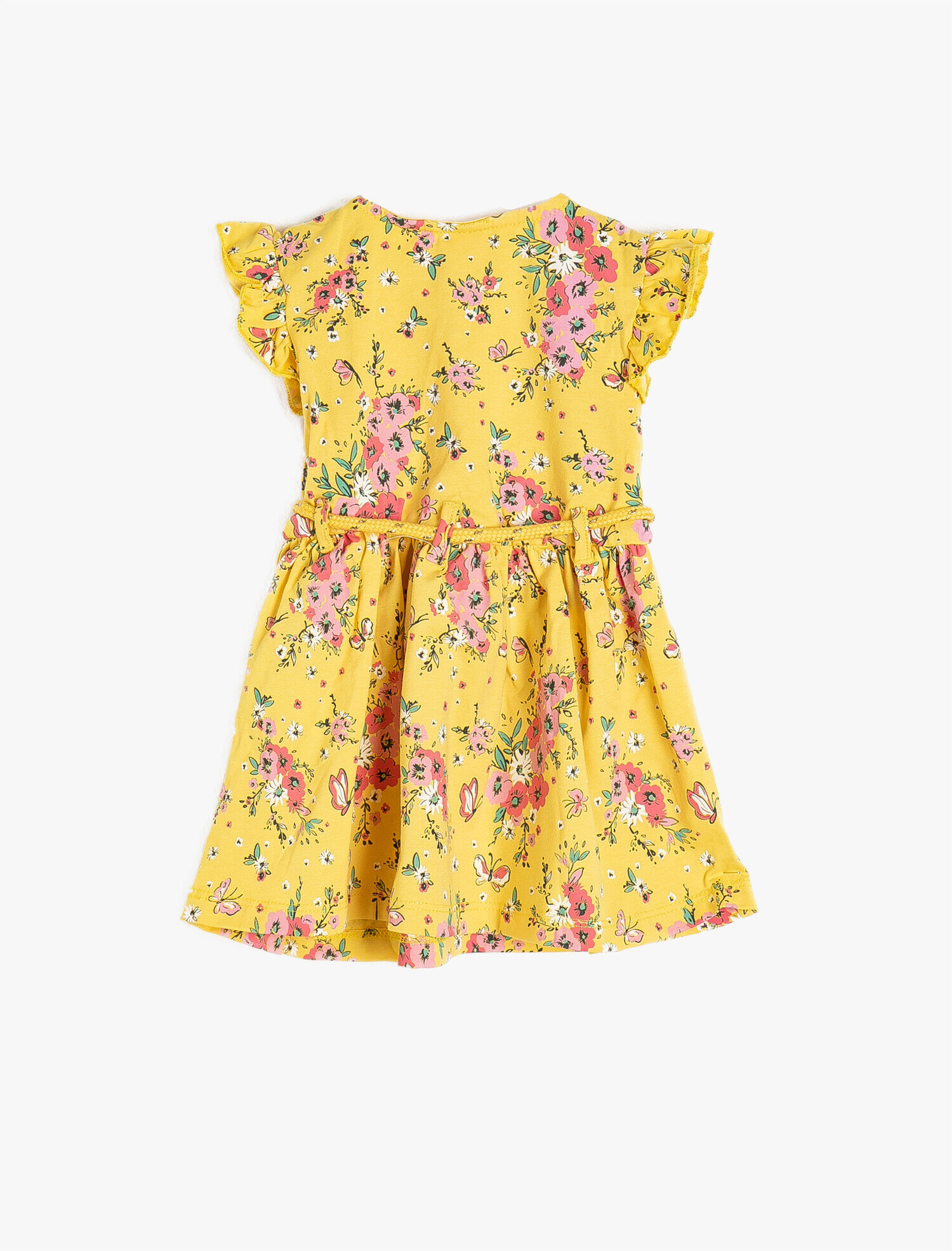  Kız Bebek Çiçek Desenli Bisiklet Yaka Kısa Kollu Beli Bağlamalı Elbise