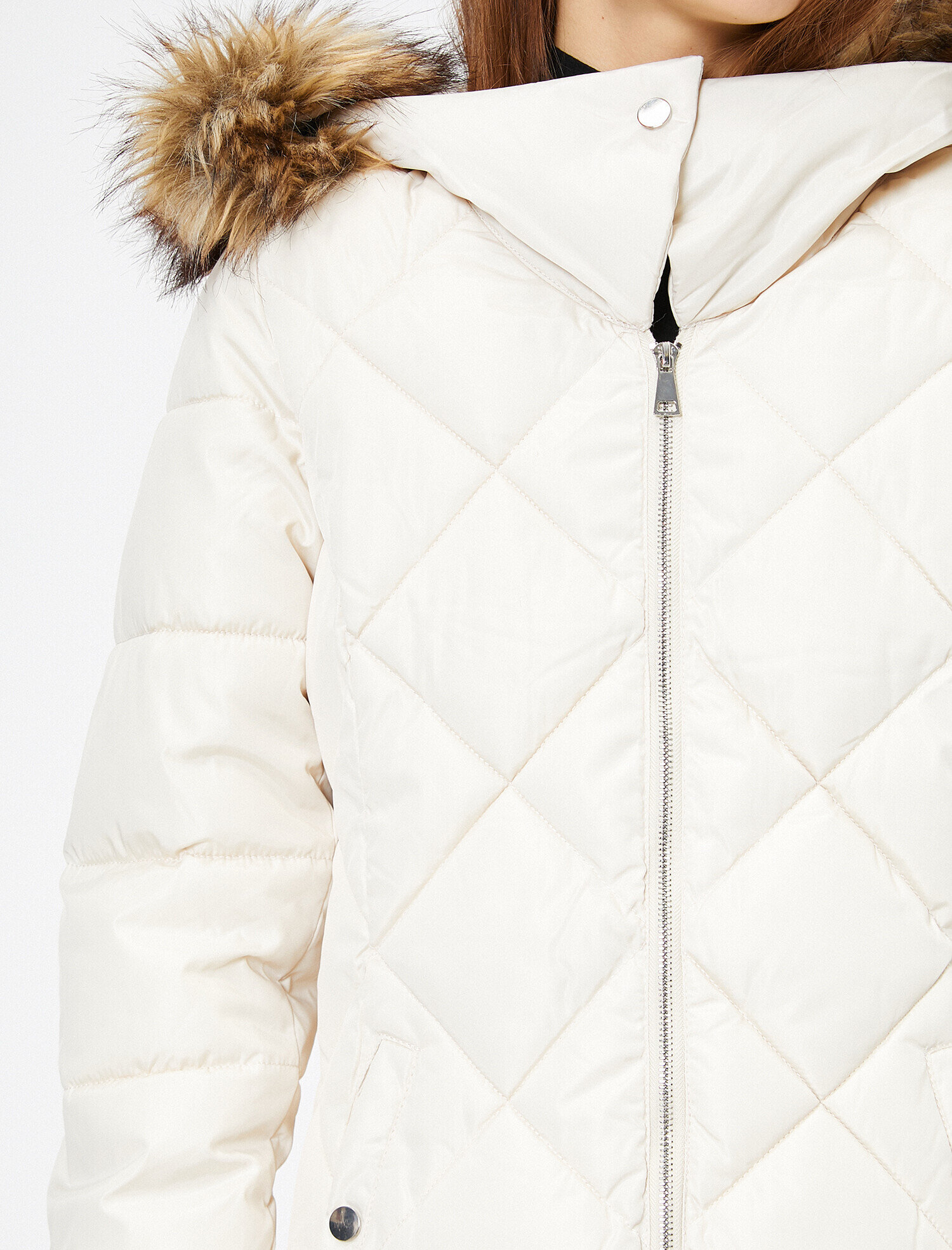   Suni Kürk Detaylı Kapüşonlu Uzun Şişme Mont