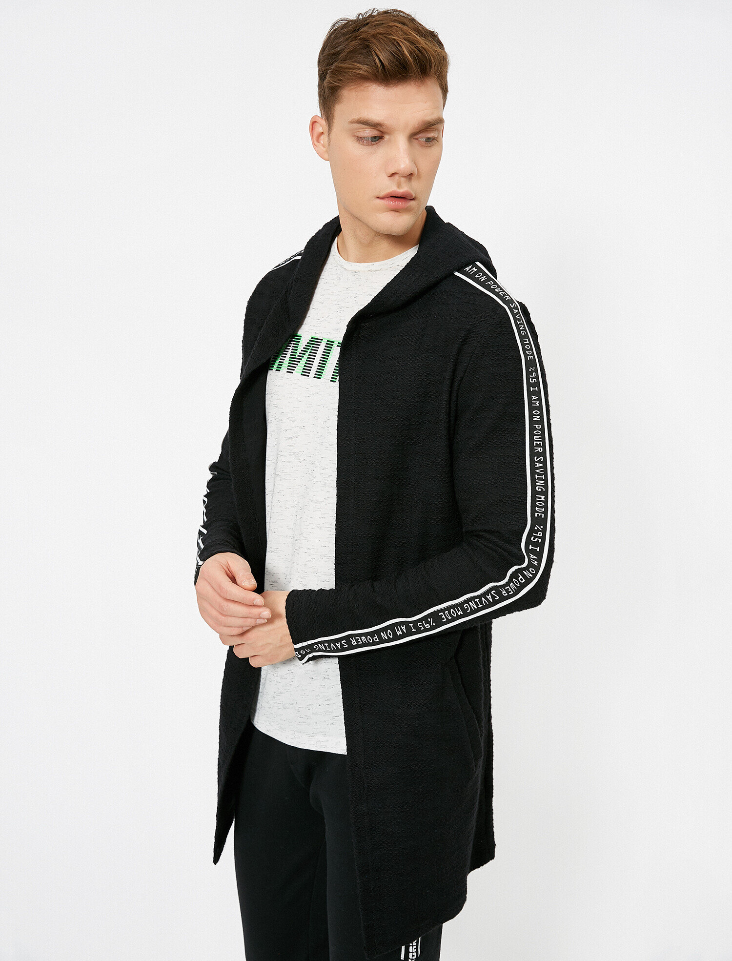   Kapüşonlu Kolu Baskılı Uzun Fit Hırka