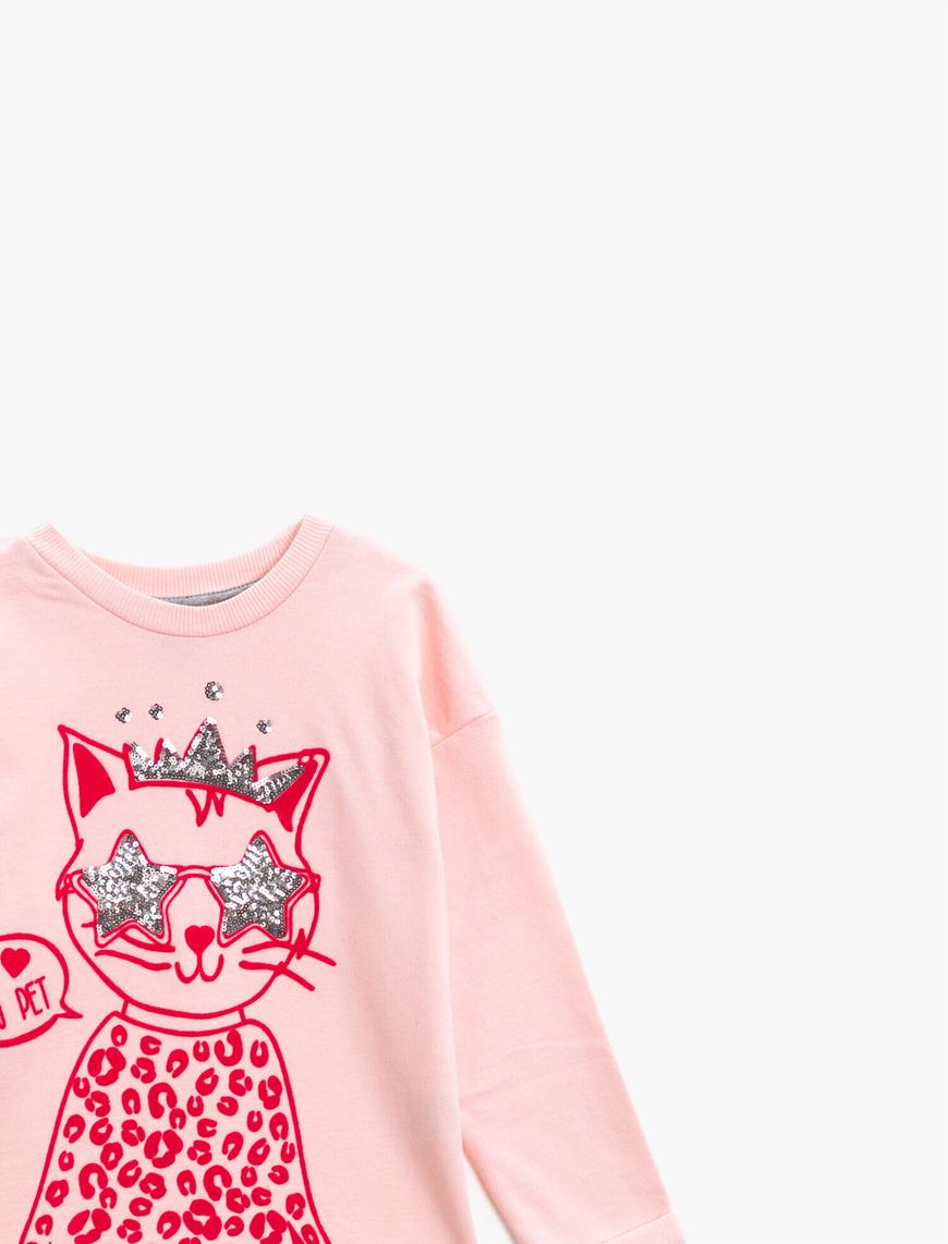  Kız Çocuk Kedi Baskılı Sweatshirt Pamuklu