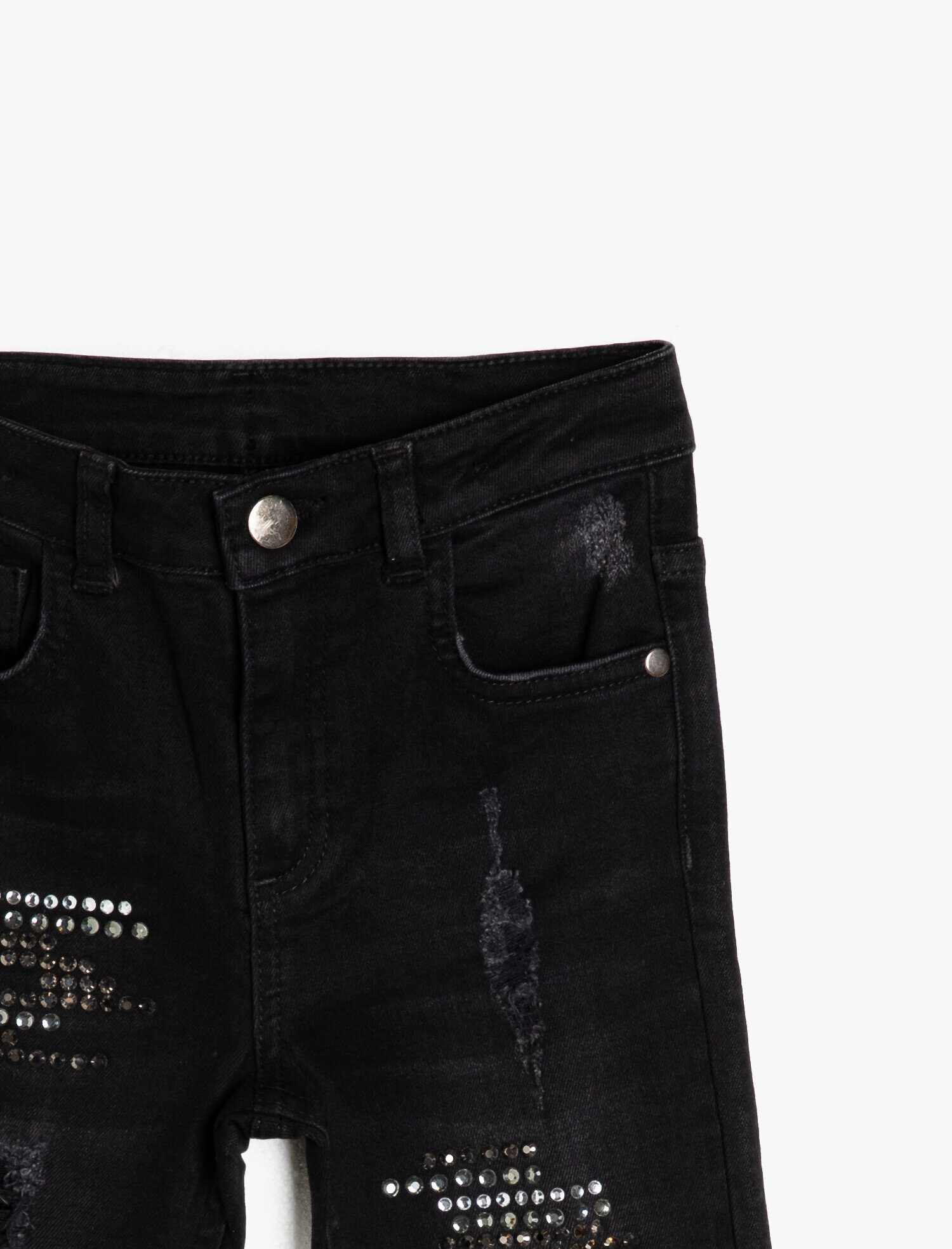  Kız Çocuk Kot Pantolon Cepli Parlak Taş İşlemeli - Slim Jean