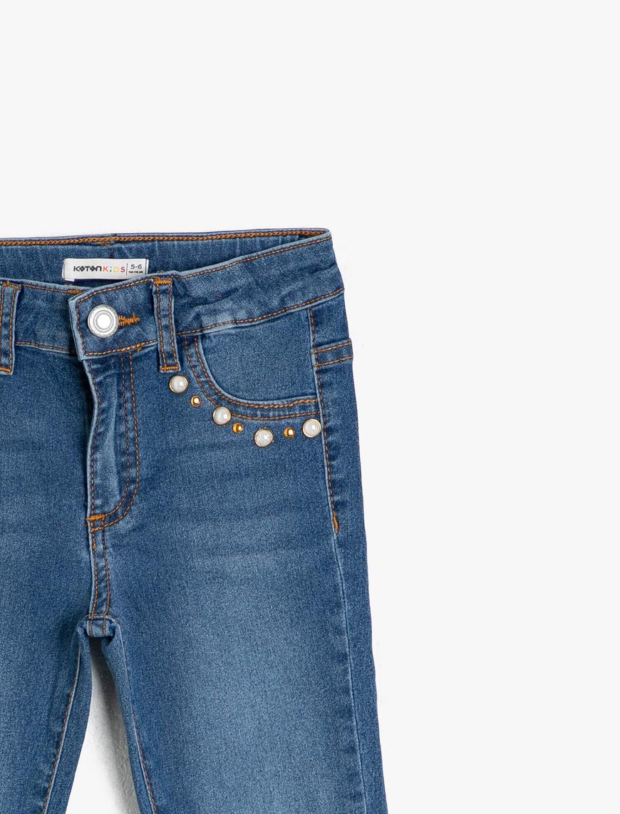  Kız Çocuk Kot Pantolon  Cepli Parlak Taş İşlemeli - Slim Jean