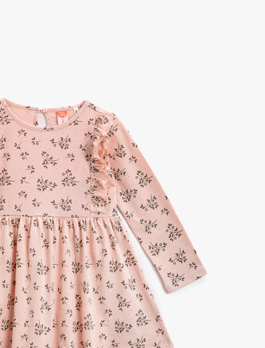  Kız Bebek Çiçekli Fırfırlı Pamuklu Uzun Kollu Elbise
