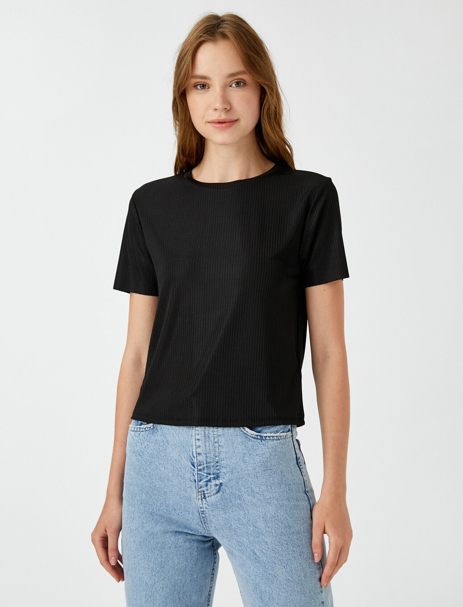   Fitilli Tişört Bisiklet Yaka Kısa Kollu