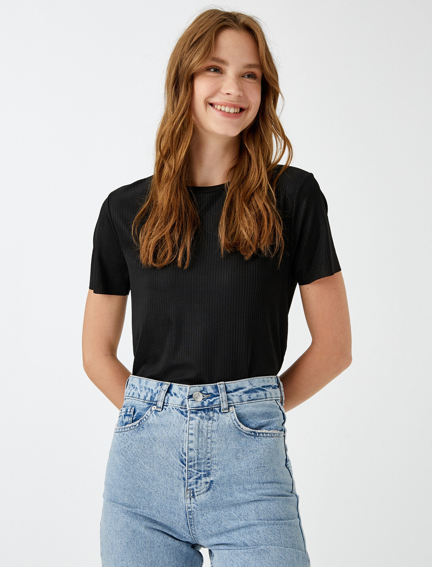   Fitilli Tişört Bisiklet Yaka Kısa Kollu