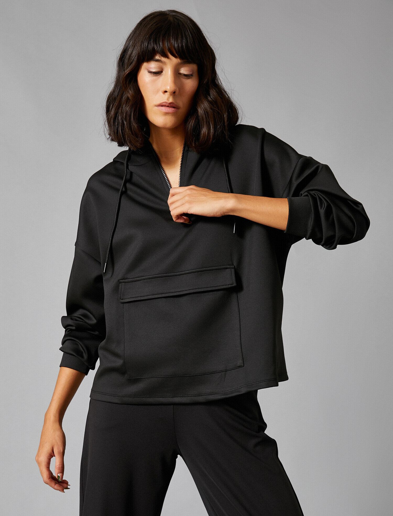   Kapüşonlu Fermuarlı Sweatshirt Uzun Kollu Cepli