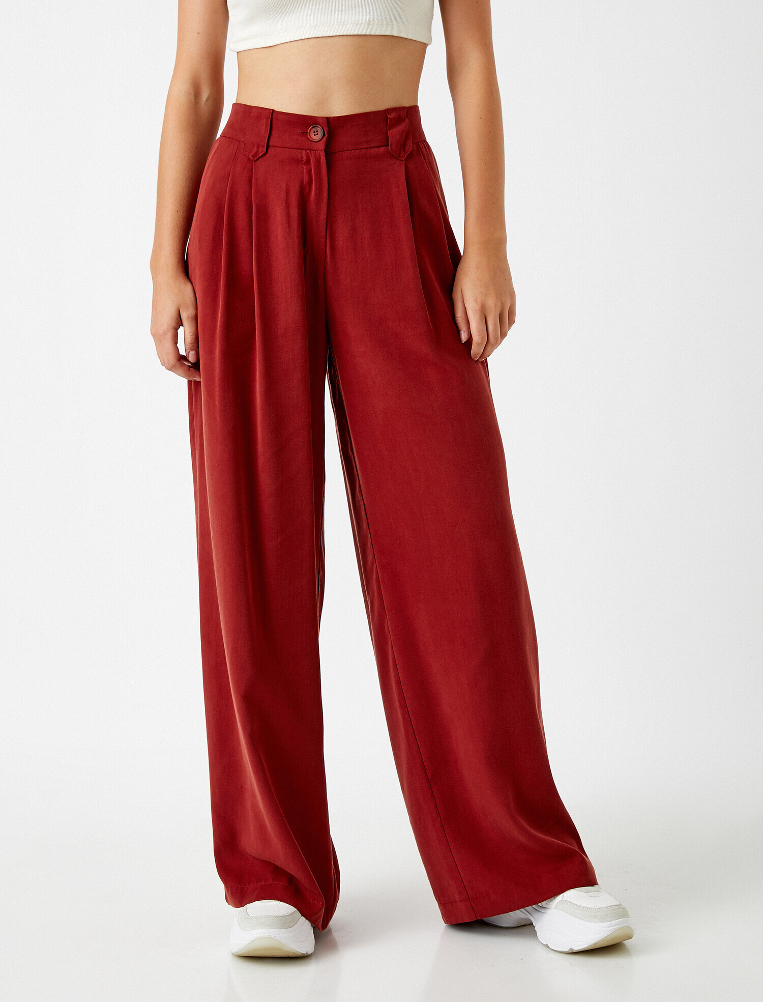   Yüksek Bel Pantolon Düğmeli Geniş Paça