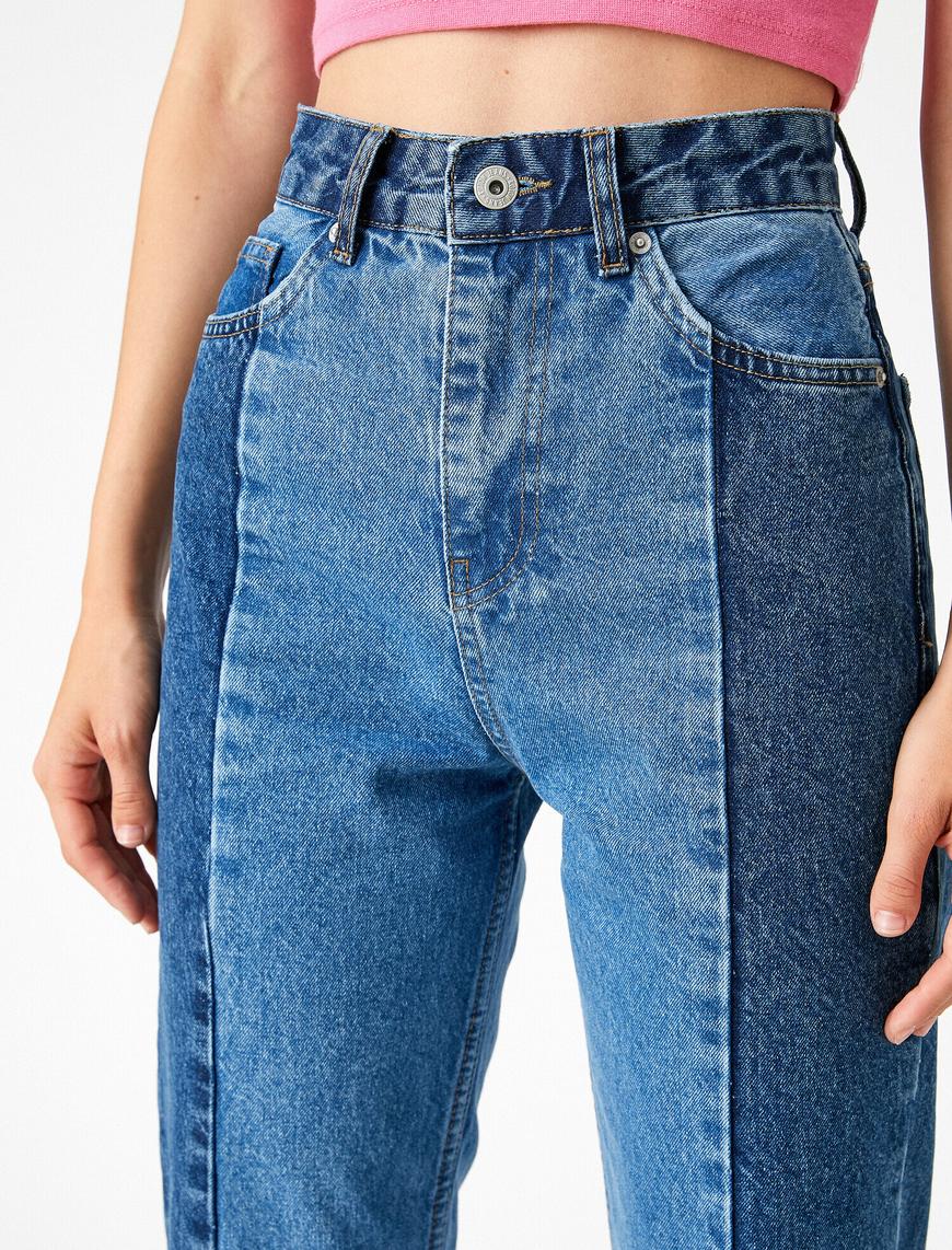  Yüksek Bel İki Renk Bloklu Normal Paça Kot Straight Jean Pantolon - Eve Jean