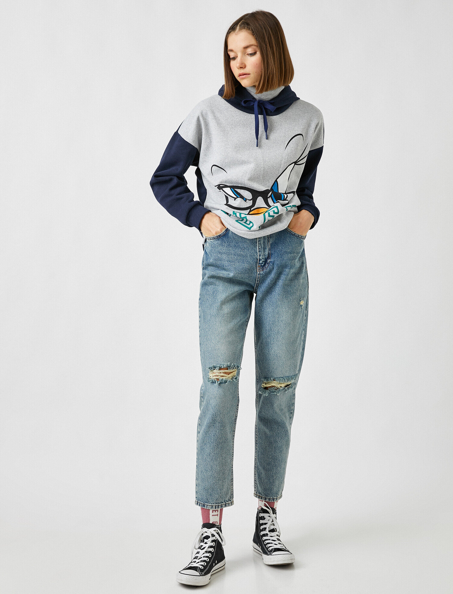   Yüksek Bel Dizi Yırtık Kot Pantolon - Mom Jean