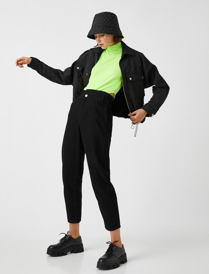  Yüksek Bel Rahat Kesim Beli Lastikli Kot Pantolon - Baggy Jean