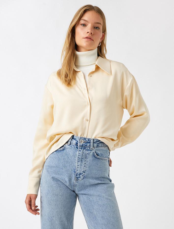  Klasik Yaka Uzun Kollu Düğmeli Oversize Gömlek