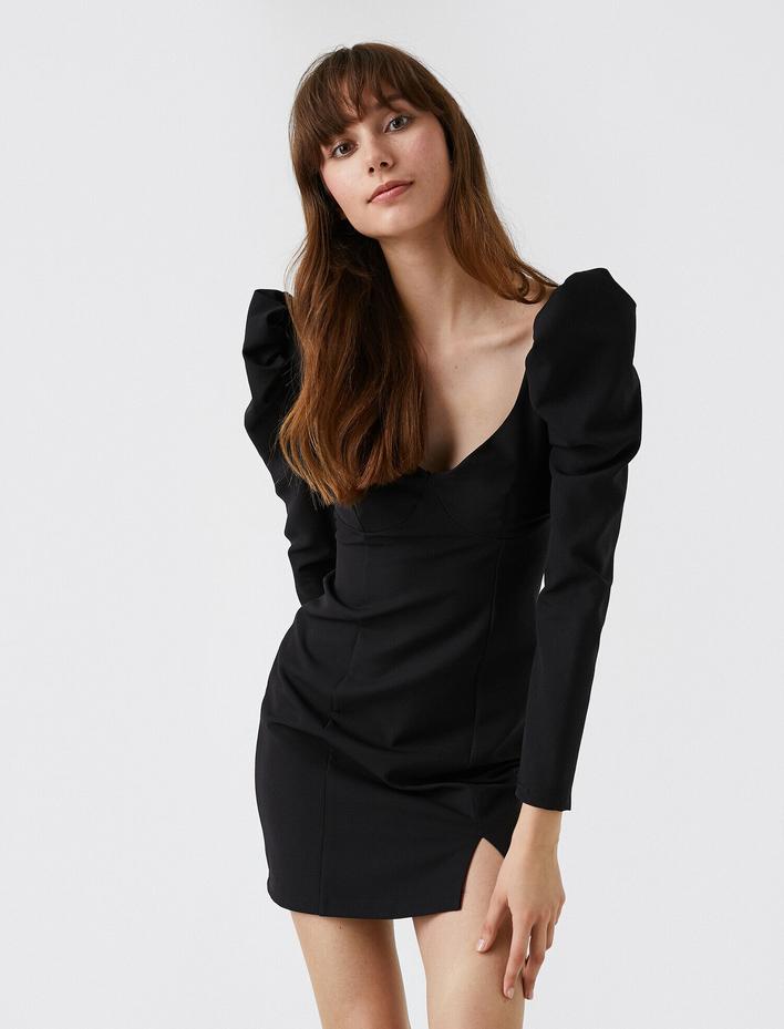  Kayık Yaka Yırtmaç Detaylı Vatkalı Uzun Kollu Krep Elbise Mini