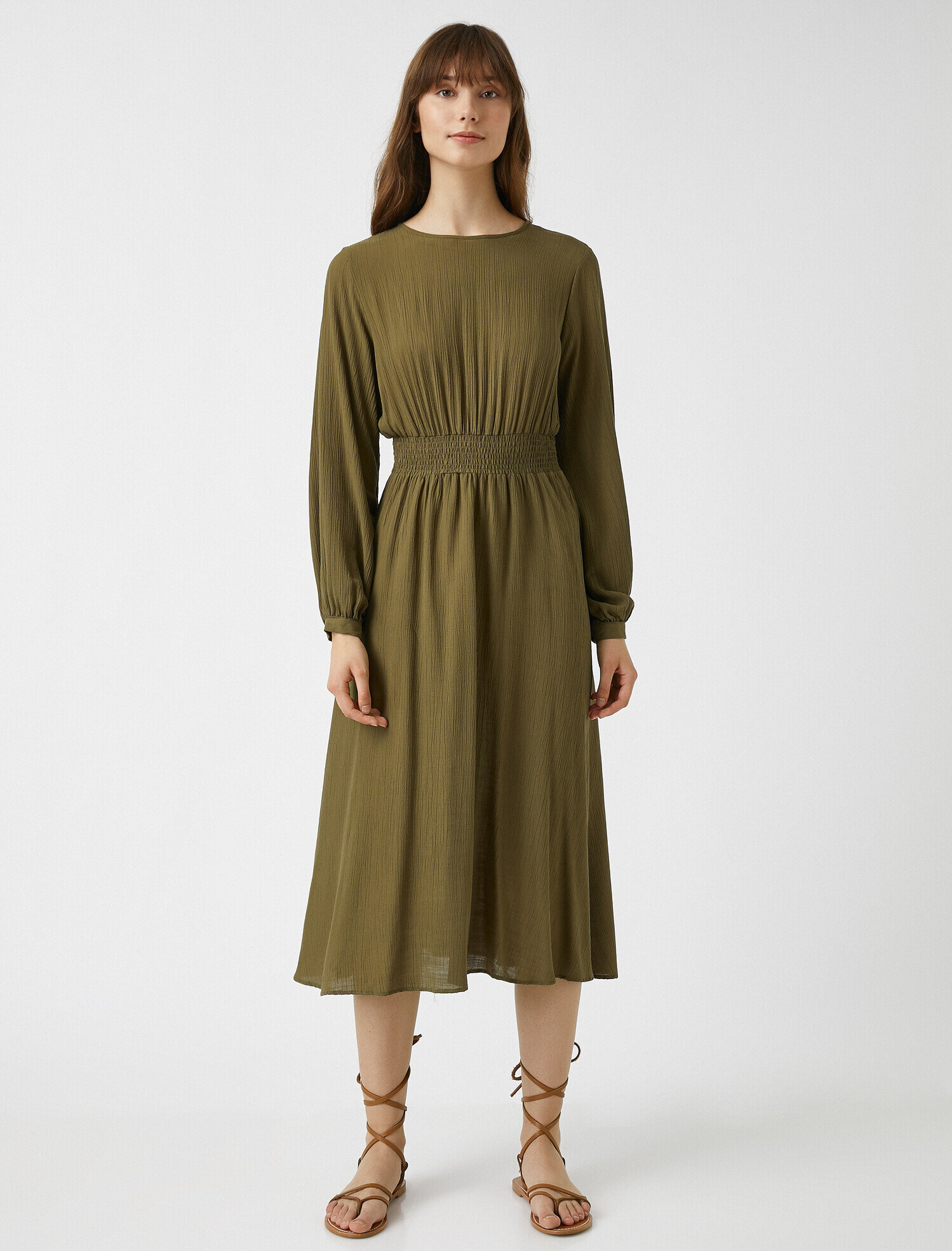   Bisiklet Yaka Viskoz Elbise Uzun Kollu Midi