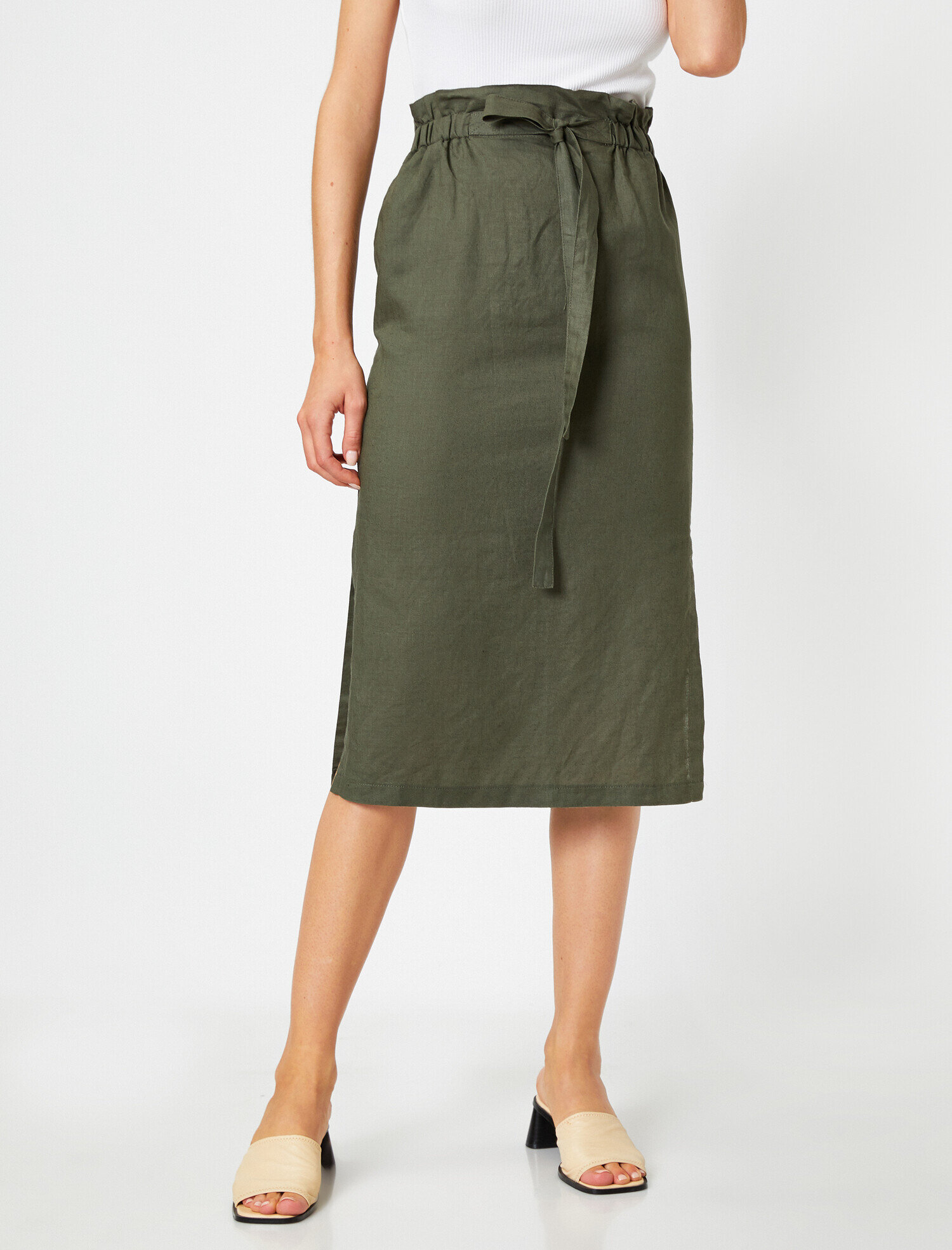   Beli Bağlamalı Yırtmaç Detaylı Midi Etek