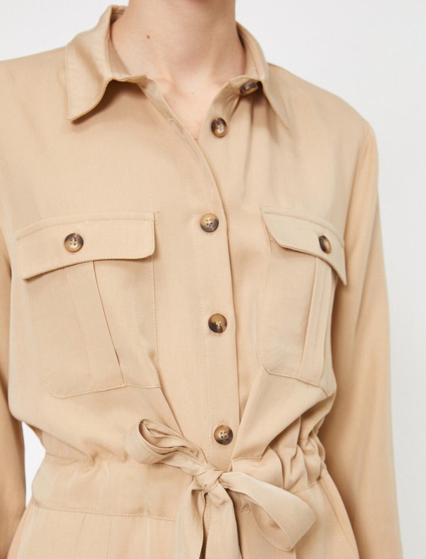   Gömlek Yaka Uzun Kol Beli Bağlamalı Düğme Detaylı Midi Elbise