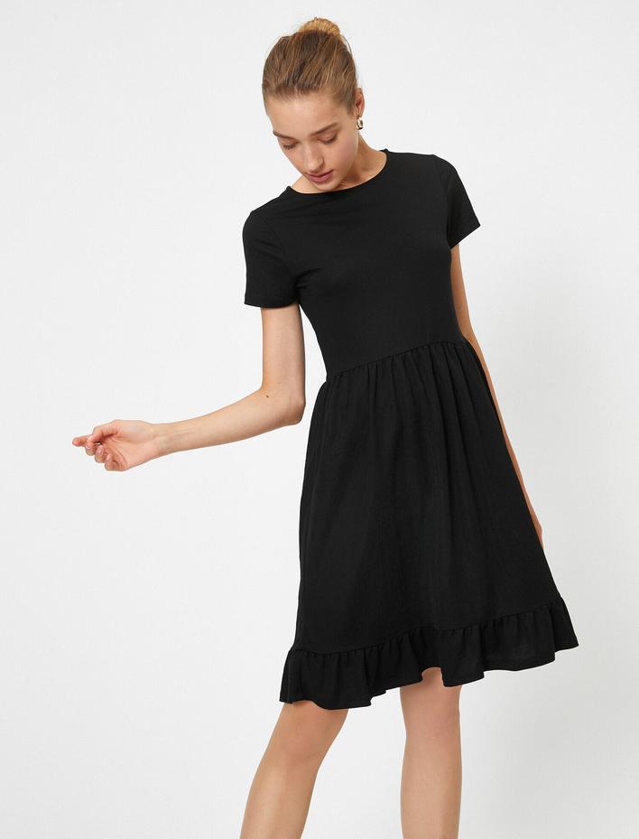  Bisiklet Yaka Kısa Kollu Mini Elbise